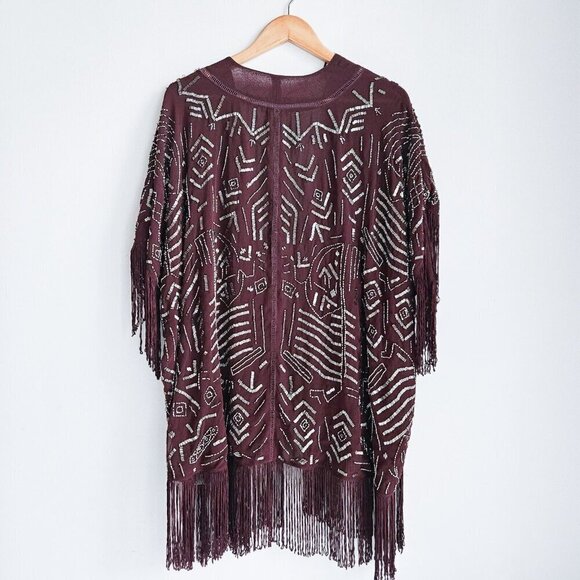Willow  Clay Burgundy Beaded Fringe Detail Sheer Jacket S - Picture 10 of 12